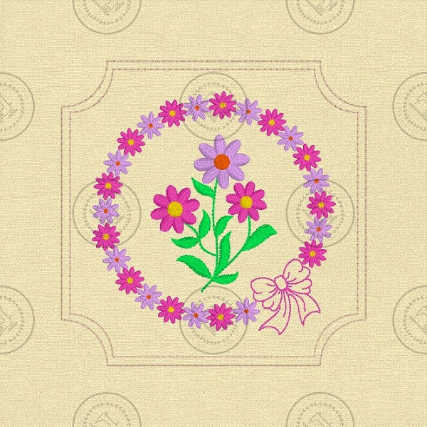 PRETTY FLOWER BOW CIRCLE in SQUARE FRAME with INSET CORNERS PBCF25 4.75 x 4.75