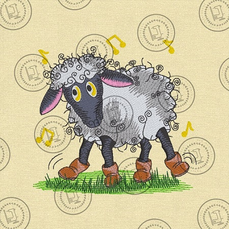 Machine embroidery design of a cute cartoon style fluffy sheep with a cheerful expression, large yellow eyes and floppy ears. The sheep has whimsical curly details around outline, bendy legs and big brown boots on all 4 legs. This adorable sheep appeasr to be dancing on an area of light green grass amidst darker tufts. 5 music symbols dotted surround the sheep and sketch lines either side in line with the feet, indicate movement to the music.