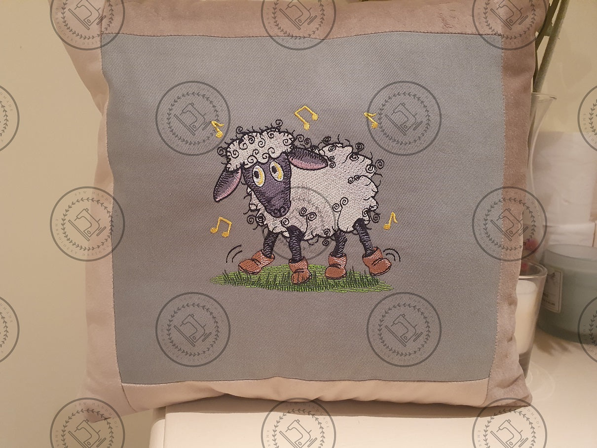Raggy Dancing Sheep machine embroidery design 5 x 5 handmade cushion close up