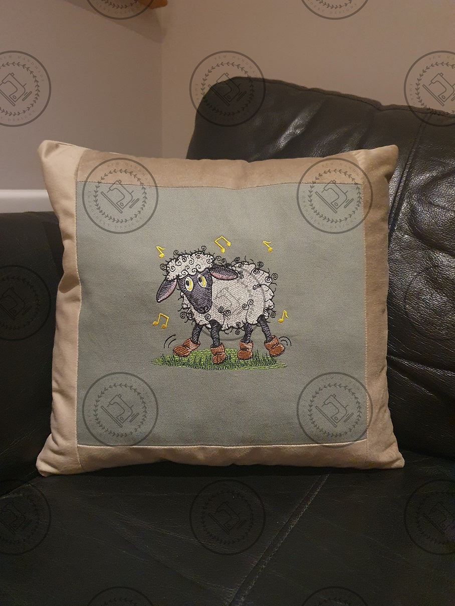 Raggy Dancing Sheep machine embroidery design 5 x 5 handmade cushion