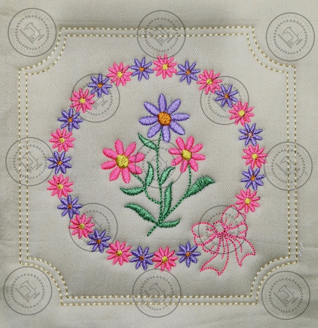 PRETTY FLOWER BOW CIRCLE in SQUARE FRAME with INSET CORNERS PBCF25 4.75 x 4.75
