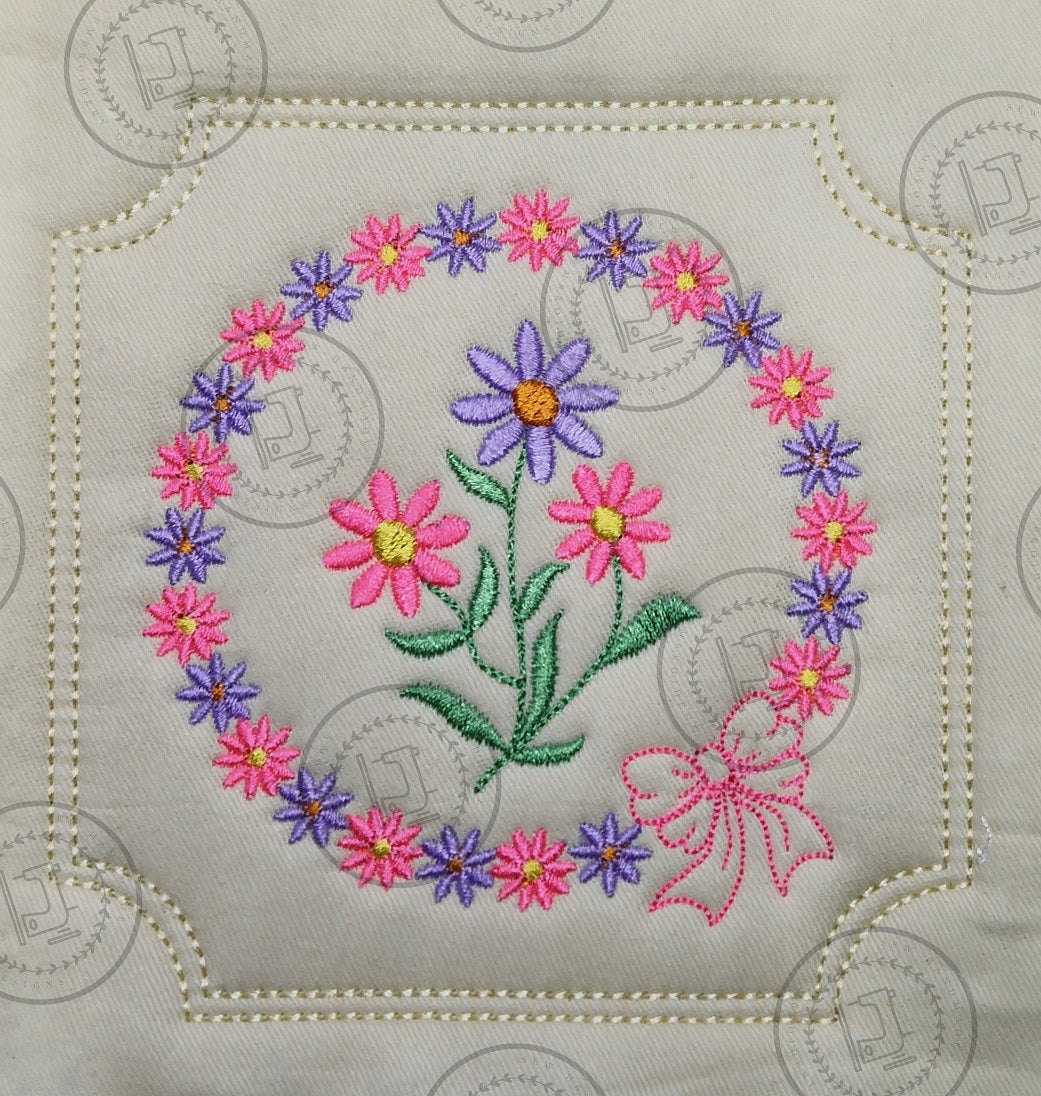 PRETTY FLOWER BOW CIRCLE in SQUARE FRAME with INSET CORNERS PBCF25 4.75 x 4.75