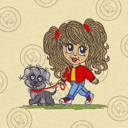 Cartoon girl with big bouncy hair & pigtails walking a dog on a leash - instand digital download machine embroidery design