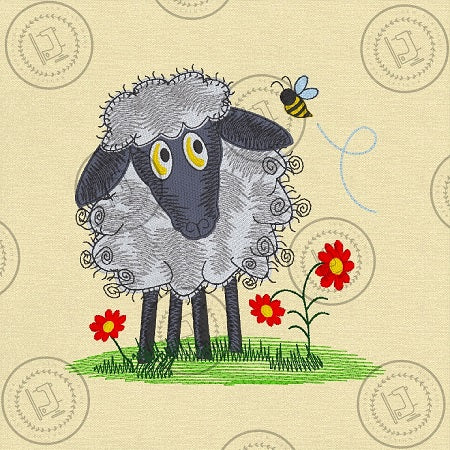 A machine embroidery design of a whimsical fluffy sheep with large expressive eyes, standing on a patch of green grass amongst little red flowers. A small bumble bee is flying near the sheep with a swirly dotted line, indicating its flight path.