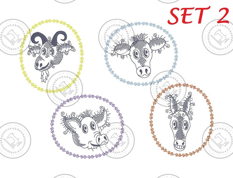 SKETCH CAMEO Embroidery Design SET 2 ~ includes GOAT, COW, PIG, DONKEY - SCS2 ( Each design 3.5 x 4 )