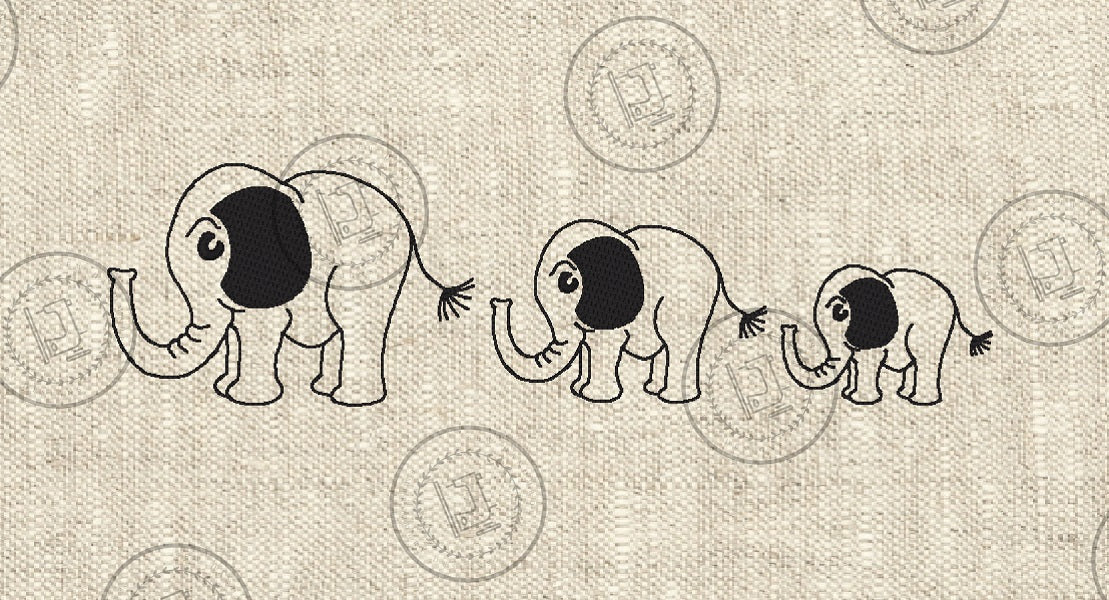 SKETCH ELEPHANT FAMILY Embroidery Design - SEF023 3 x Elephants in a row 4" x 14"