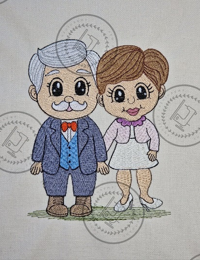 Cartoon-style illustration of an elderly couple holding hands on a textured fabric background.