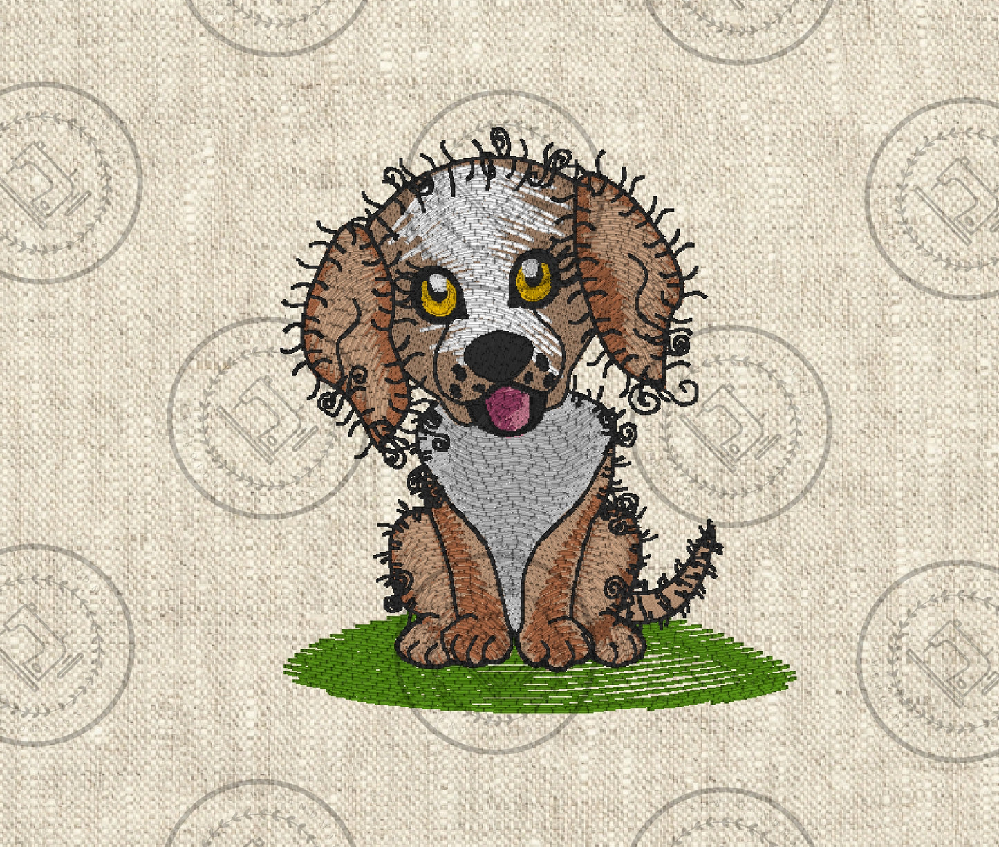 A machine embroidery design of a cute whimsical puppy dog sitting on a patch of green grass. the dog has large expressive yellow and black eyes,a light coloured face with floppy brown ears, with curly sketch-like accents around the edges,giving it a playful adorable look. It's tongue is sticking out adding to its cheerful appearance.