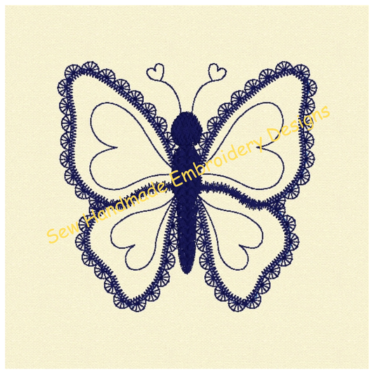 Butterfly machine embroidery design on a beige background with a scalloped delicate lace border