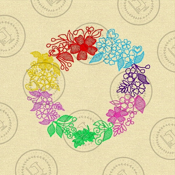 COLOURFUL FLORAL WREATH Machine Embroidery Design - CFW24s   4 x 4