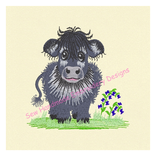 GREY COW IN THE BLUEBELLS Machine Embroidery Design