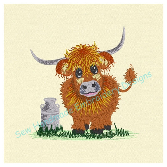 Machine embroidery design of a cute & fluffy Highland cow with a creamery can standing on a patch of green grass - instand digital download