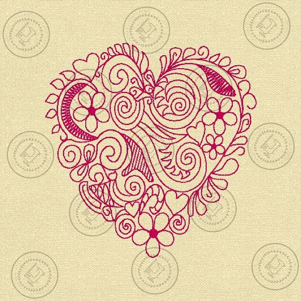 SWIRLY FLOWER HEART Embroidery Design - J024   4 x 4