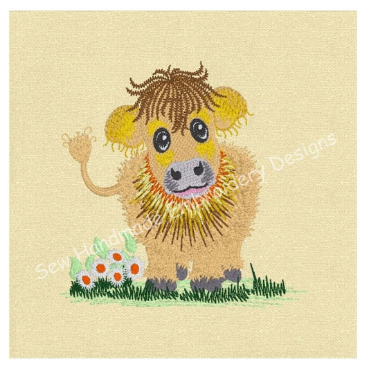 Machine embroidery design of a cute & fluffy Jersey cow with little daisy flowers and standing on a patch of green grass - instand digital download