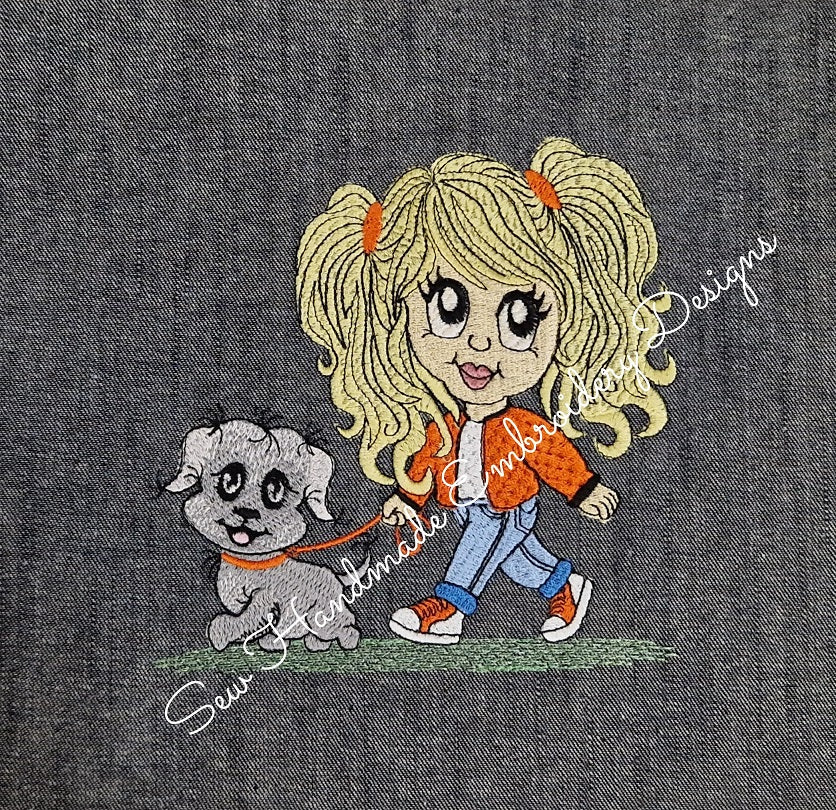 PRETTY GIRL & PUPPY DOG Machine Embroidery Design