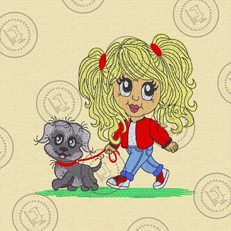 PRETTY GIRL & PUPPY DOG Machine Embroidery Design