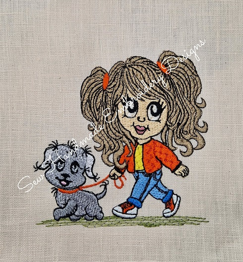 PRETTY GIRL & PUPPY DOG Machine Embroidery Design