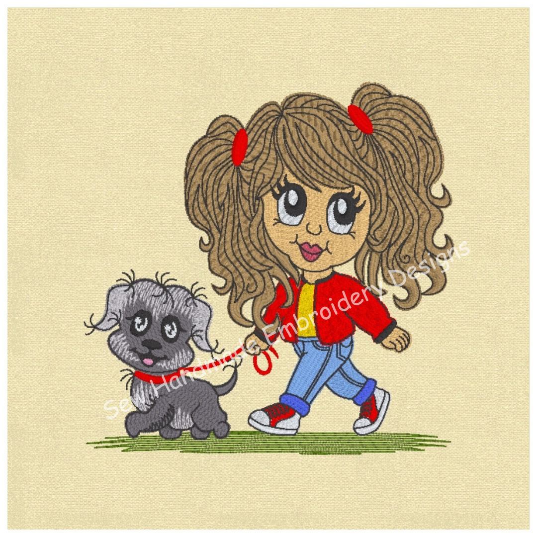 Machine Embroidery design of a pretty girl walking a dog - instand download