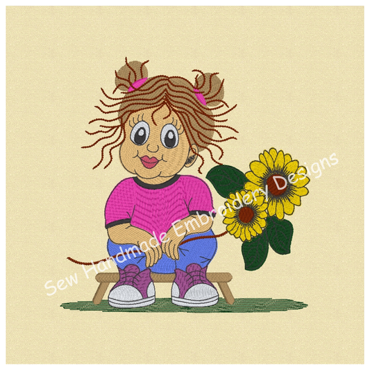 Cute curly haired girl with large sunflower sitting on a stool hown in machine embroidery software