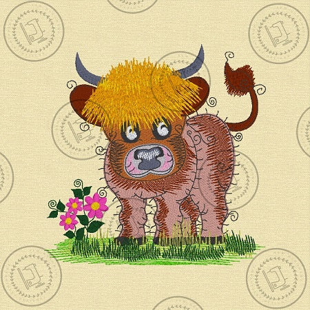 RAGGY HIGHLAND COW COO Embroidery Design - R021L  6 x 6