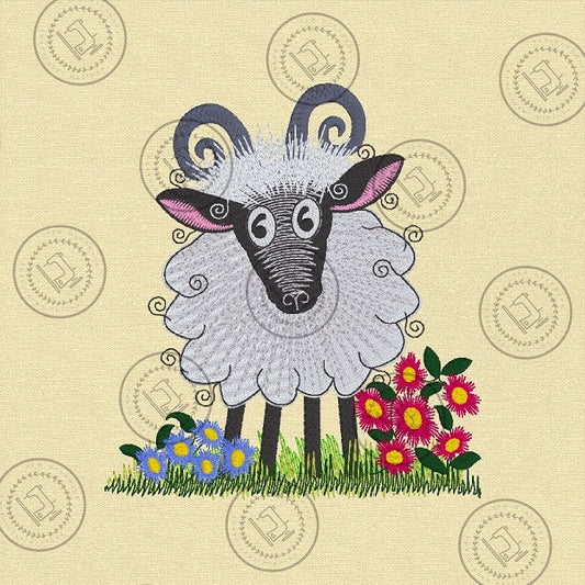 RAGGY FLUFFY RAM SHEEP Embroidery Design - R023L  6 x 6