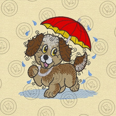 RAGGY PUPPY DOG IN THE RAIN Embroidery Design - R028s  4 x 4