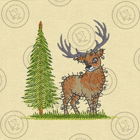 RAGGY STAG Embroidery Design - R030s   4 x 4