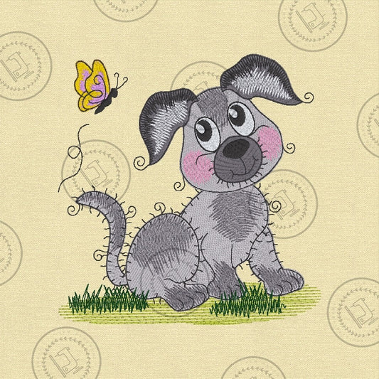 RAGGY PUPPY DOG with BUTTERFLY Machine Embroidery Design - R031L   6 x 6