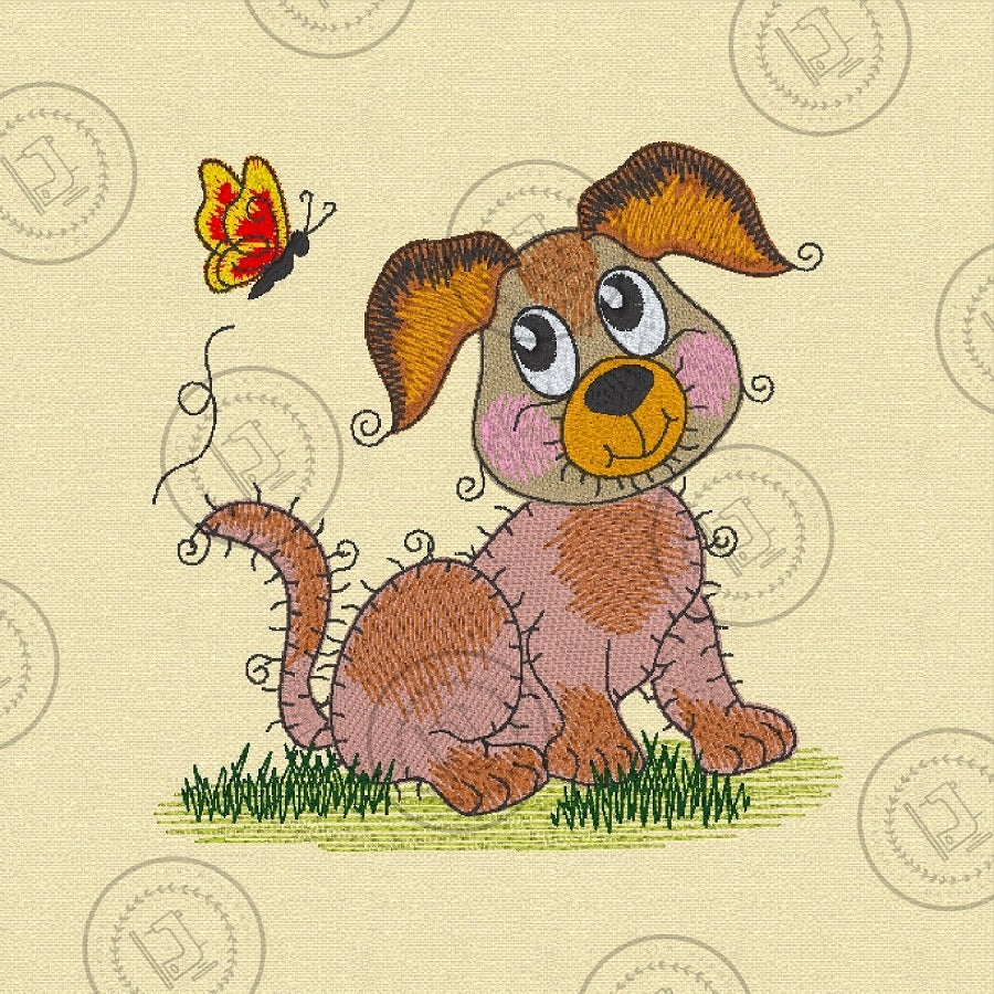 RAGGY PUPPY DOG with BUTTERFLY Machine Embroidery Design - R031M  5 x 5