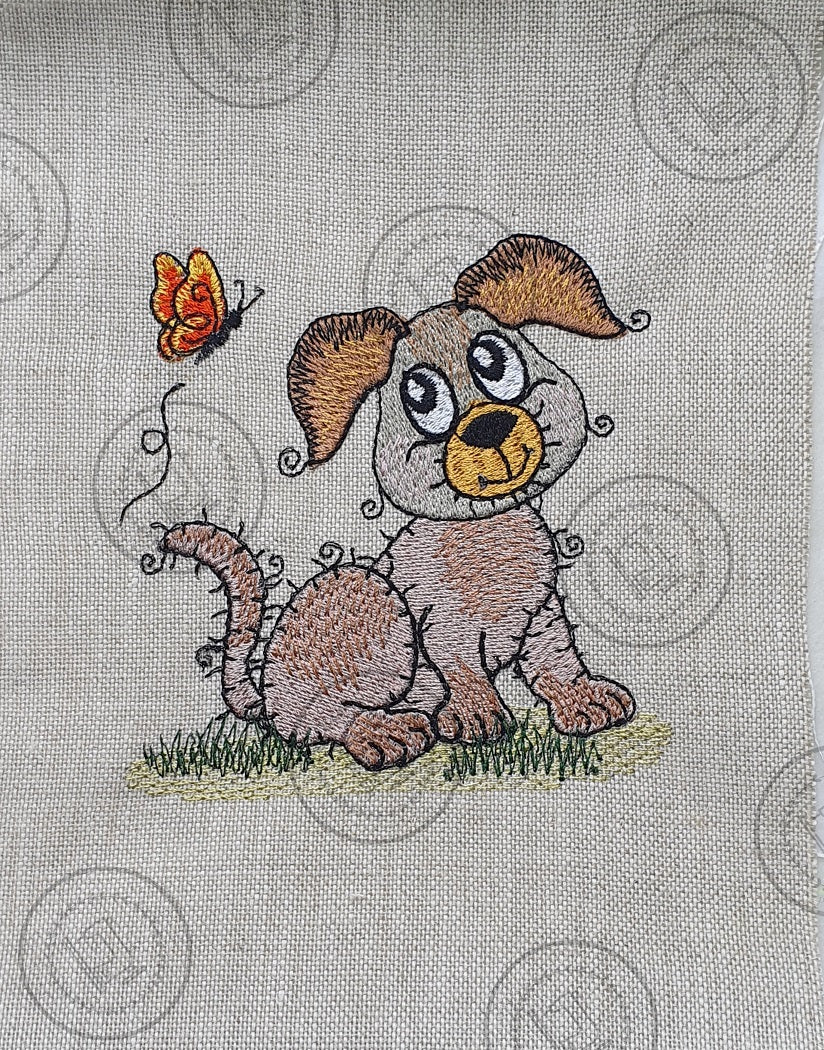 RAGGY PUPPY DOG with BUTTERFLY Machine Embroidery Design - R031M  5 x 5