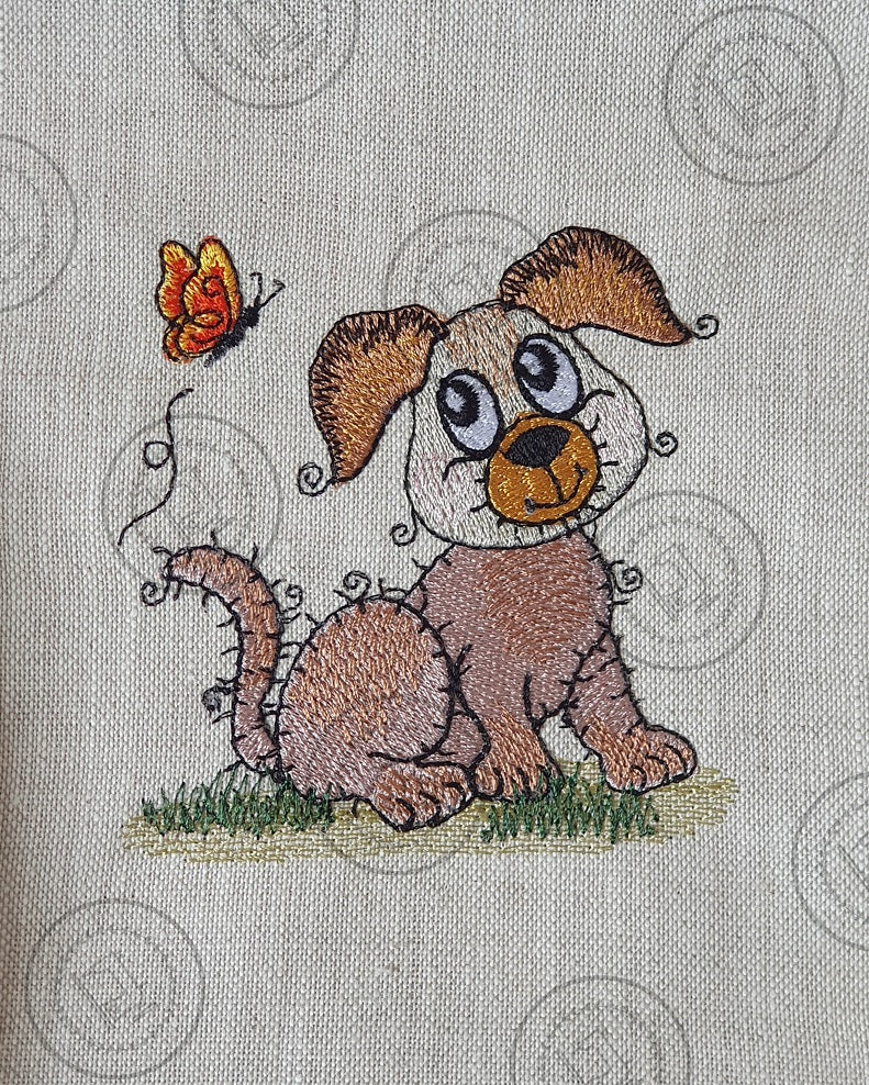 RAGGY PUPPY DOG with BUTTERFLY Machine Embroidery Design - R031M  5 x 5