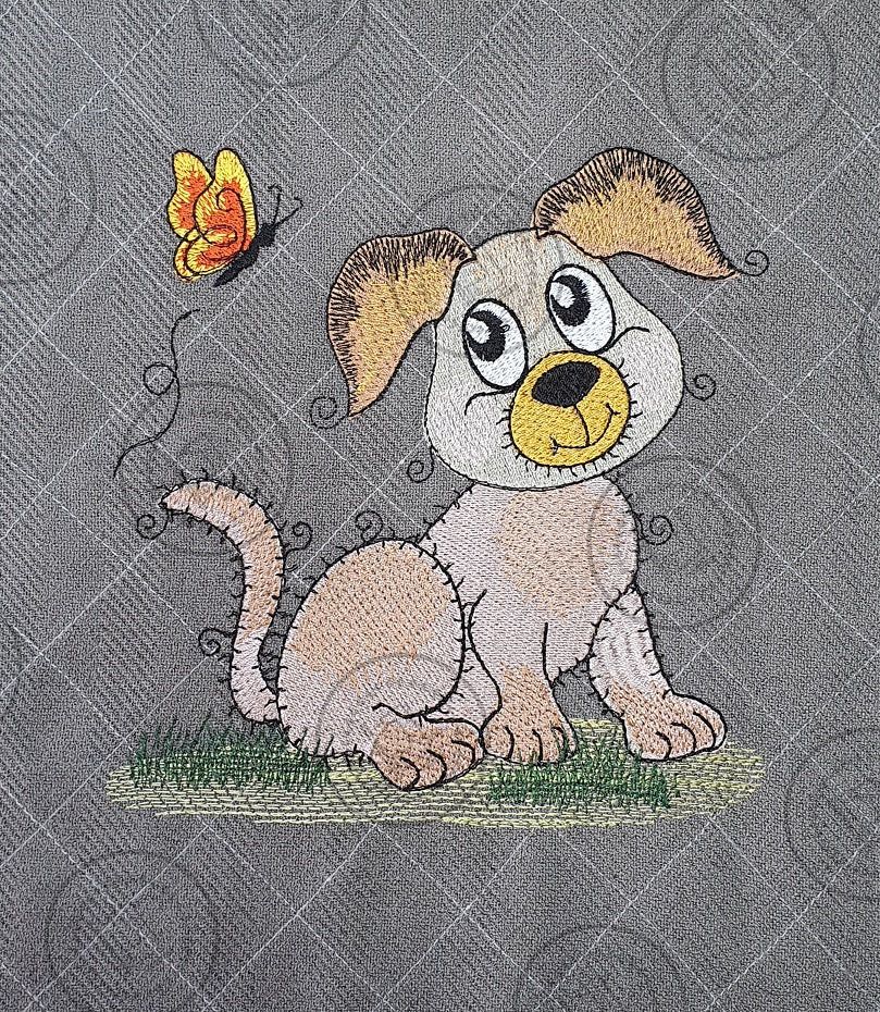 RAGGY PUPPY DOG with BUTTERFLY Machine  Embroidery Design - R031XL  7 x 7