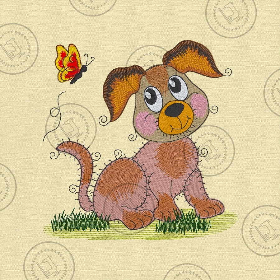 RAGGY PUPPY DOG with BUTTERFLY Machine  Embroidery Design - R031XL  7 x 7