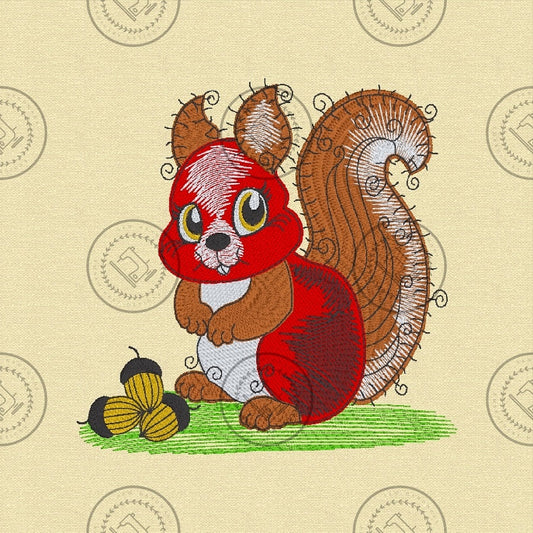 RAGGY SQUIRREL WITH NUTS Machine Embroidery Design - R032L   6 x 6