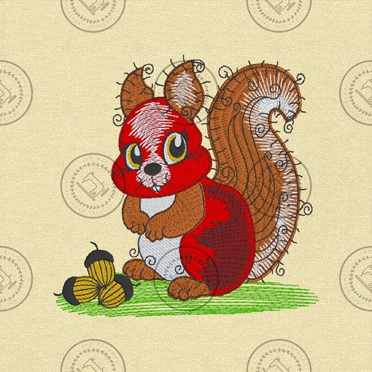 RAGGY SQUIRREL WITH NUTS Machine Embroidery Design - R032M   5 x 5