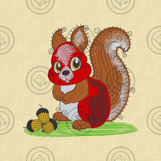 RAGGY SQUIRREL WITH NUTS Machine  Embroidery Design - R032XL  7 x 7