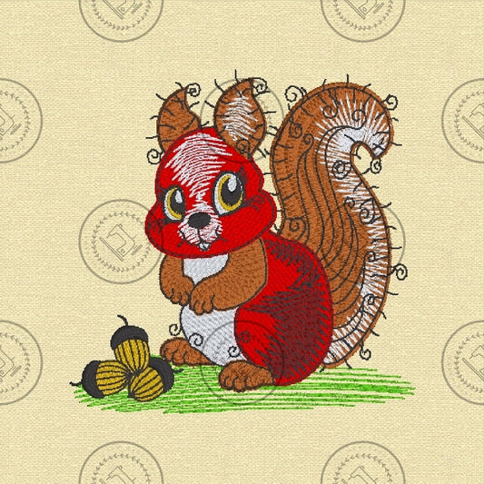 RAGGY SQUIRREL WITH NUTS Machine Embroidery Design - R032s  4 x 4