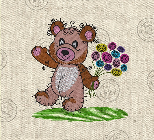 RAGGY FLOWER TEDDY BEAR Embroidery Design - RFB023    5 x 5.5