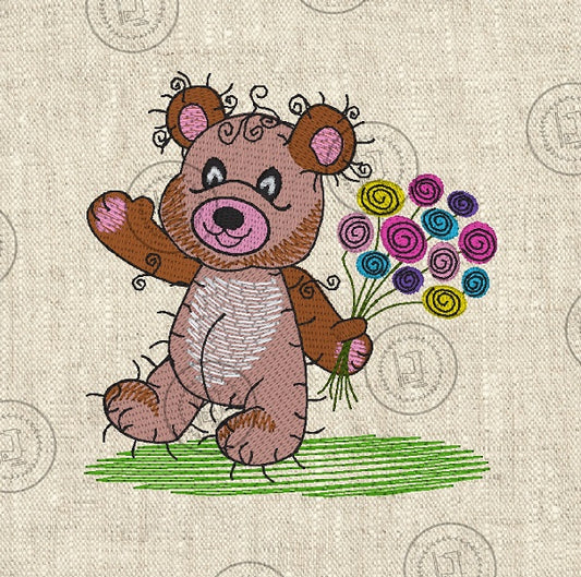 RAGGY FLOWER TEDDY BEAR Embroidery Design - RFB023S   4 x 4