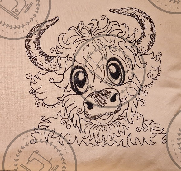 RAGGY HIGHLAND BULL SKETCH Machine Embroidery Design