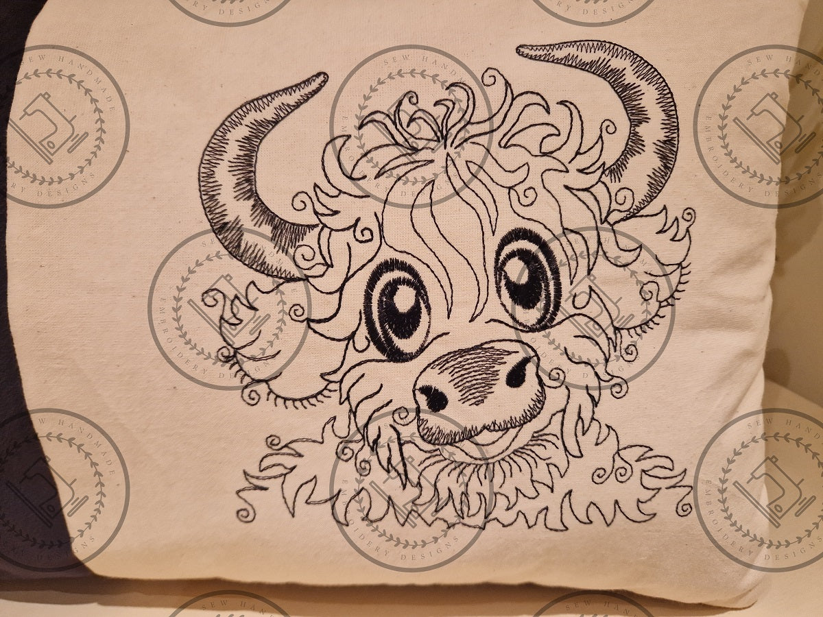 RAGGY HIGHLAND BULL SKETCH Machine Embroidery Design