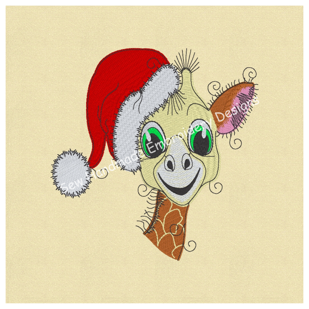 RAGGY GIRAFFE WITH CHRISTMAS HAT Machine Embroidery Design