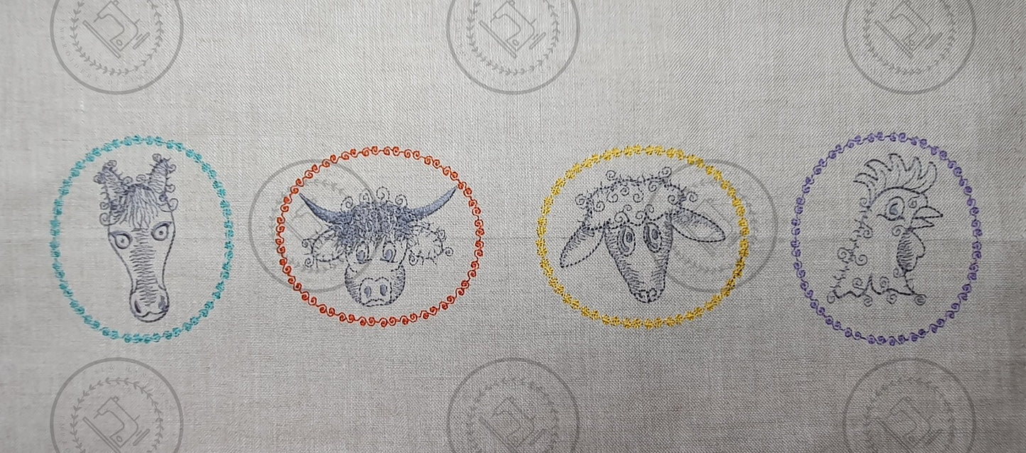 SKETCH CAMEO Embroidery Design SET 1 ~ includes HORSE, HIGHLAND BULL, SHEEP, ROOSTER - SCS1  ( Each design 3.5 x 4 )