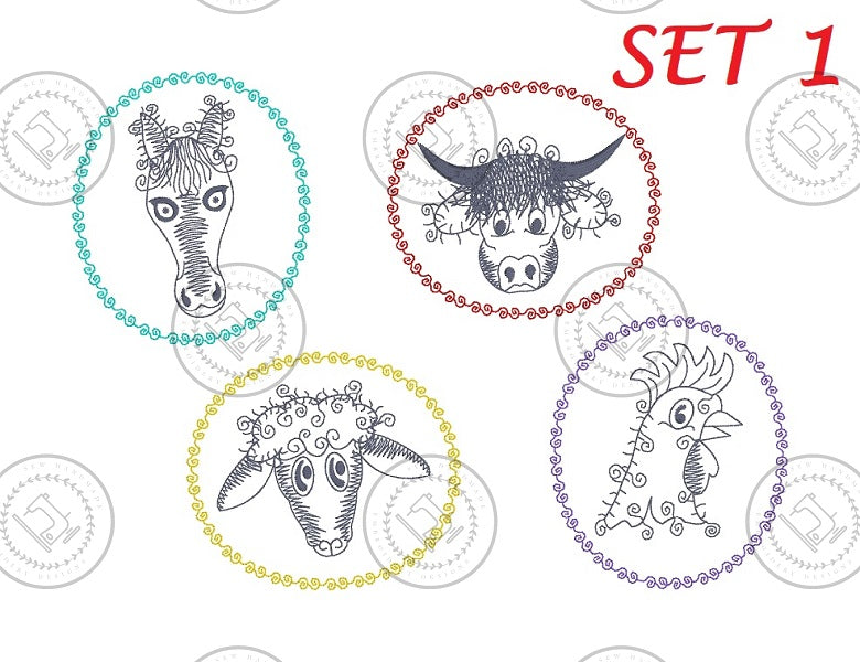 SKETCH CAMEO Embroidery Design SET 1 ~ includes HORSE, HIGHLAND BULL, SHEEP, ROOSTER - SCS1  ( Each design 3.5 x 4 )