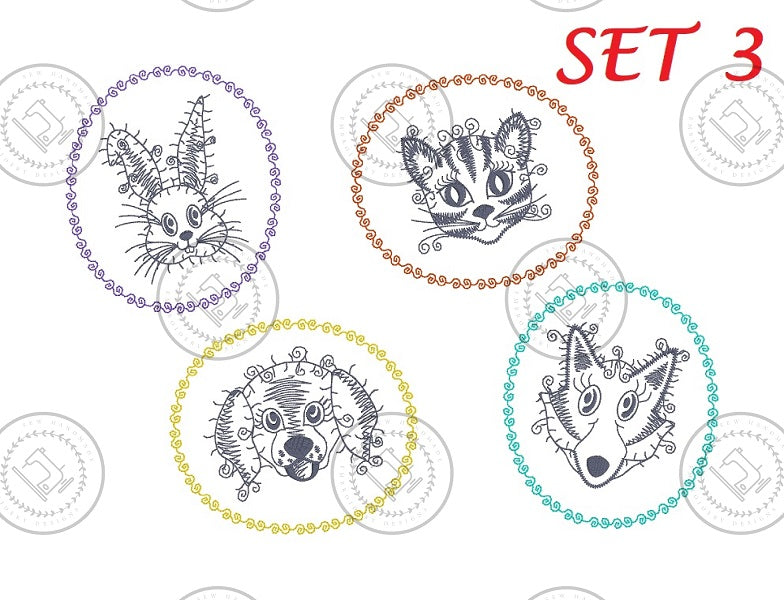 SKETCH CAMEO Embroidery Design SET 3 includes RABBIT, DOG, CAT, FOX - SCS3 ( Each design 3.5 x 4 )