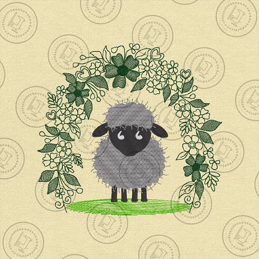 SFA324L LITTLE SHEEP IN FLORAL ARCH Embroidery Design  6 x 6