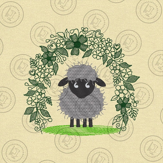 SFA324m LITTLE SHEEP IN FLORAL ARCH Embroidery Design  5 x 5