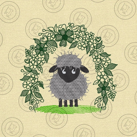 SFA324s LITTLE SHEEP IN FLORAL ARCH Embroidery Design  4 x 4