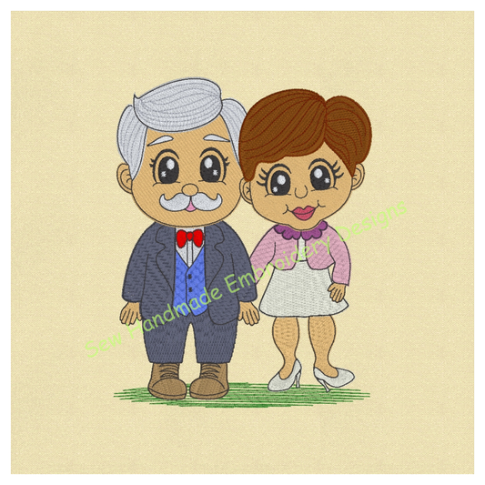 Cartoon-style illustration of an elderly couple holding hands in love - instand digital download machine embroidery design