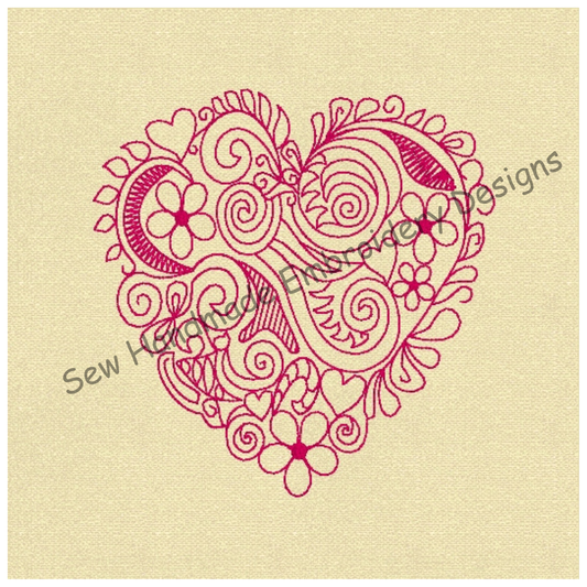 SWIRLY FLOWER HEART Machine Embroidery Design - J024   4 x 4